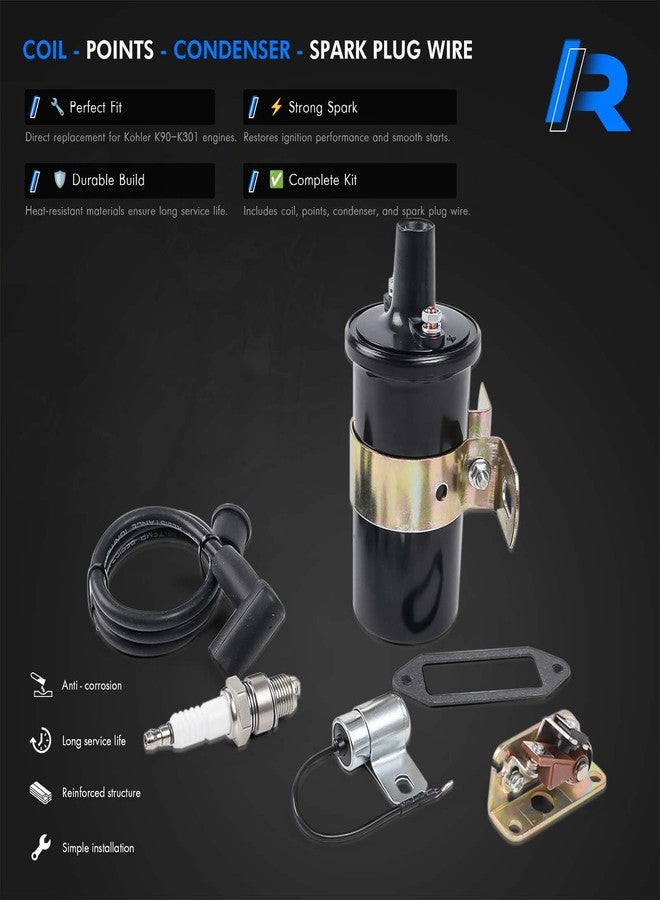 RHAOCZIYAUTO Ignition Coil, Points, Condenser, Spark Plug & Wire, Fit for Kohler K-Series Tractor Engine K90 K91 K141 K161 K181 K241 K301 K321 K341 K361 K482 K532 K582 Replace# 47 150 01-S, 230722-S - Image 3