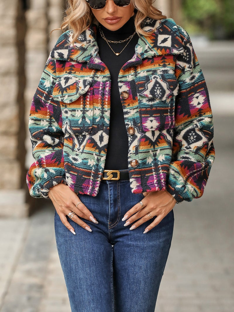 Ethnic Print Loose Long Sleeve Short Jacket Women Autumn Winter