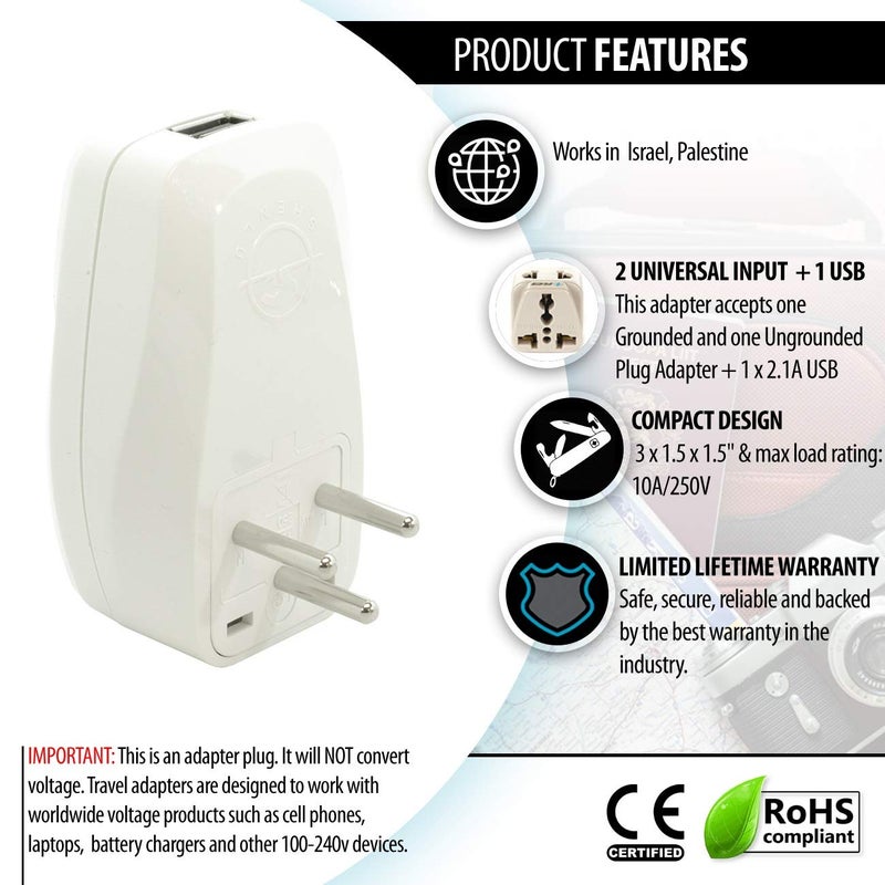 Orei India to Israel Gaza Palestine More Type H Travel Adapter Plug 3 in 1 CE Certified RoHS Compliant with USB and Surge Protection Worldwide Adapter DBUH - Image 3