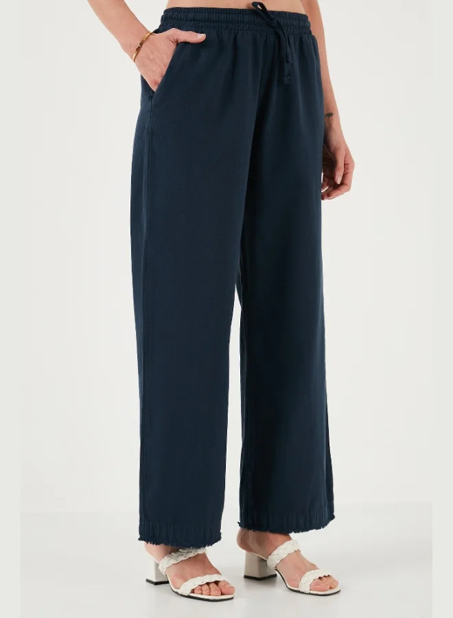 Lela Lela Cotton High-Waisted Wide-Leg Regular Fit Trousers with Belt and Pockets for Women PANTS 668YP4760