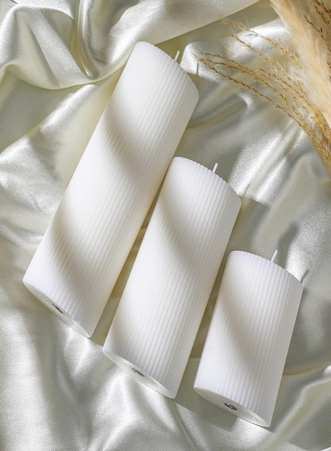 Conelist Ribbed Pillar Candles Set of 3, Width 3" High 4" 6" 8" Large Soy Wax Orchids Scented Pillar Candles Aesthetic Ribbed Modern Home Decor for Bathroom Living Room(White) - Image 3