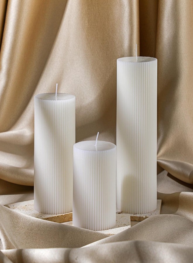 Conelist Ribbed Pillar Candles Set of 3, Width 3" High 4" 6" 8" Large Soy Wax Orchids Scented Pillar Candles Aesthetic Ribbed Modern Home Decor for Bathroom Living Room(White) - Image 4