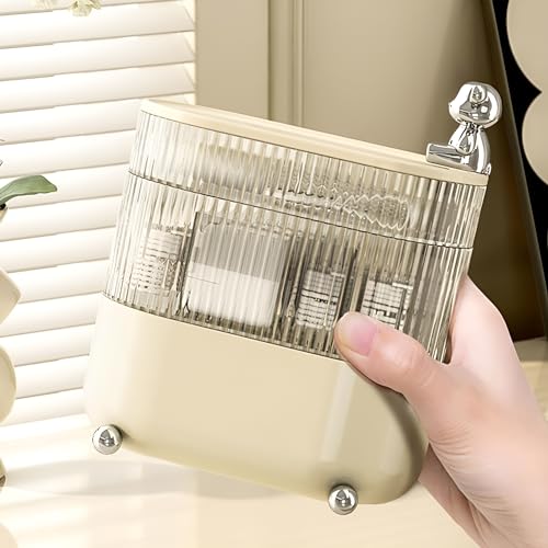 KREPS Cosmetic Jewellery Organizer 360 Rotating 3 Layers Multi-Compartments Desktop Cotton Pad Cosmetic Lipstick Makeup Brush Jewellery Organizer for Countertop Vanity (Cream Teddy) - Image 4