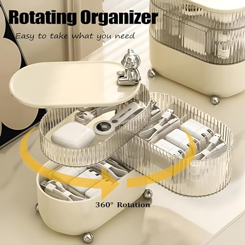 KREPS Cosmetic Jewellery Organizer 360 Rotating 3 Layers Multi-Compartments Desktop Cotton Pad Cosmetic Lipstick Makeup Brush Jewellery Organizer for Countertop Vanity (Cream Teddy) - Image 5