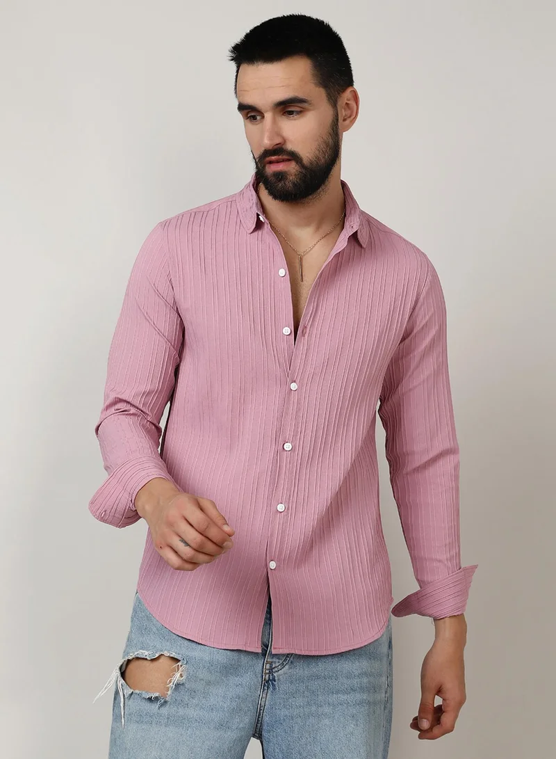 Campus Sutra Men's Salmon Pink Self-Design Striped Shirt For Casual Wear | Spread Collar | Long Sleeve | Button Closure | Shirt Crafted With Comfort Fit For Everyday Wear