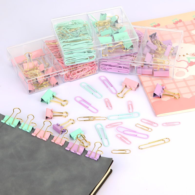 CREECHWA Cute Paper Clips Binder Clips Combo Set, 165 Psc, Assorted Size Paper Clips for Office, Cute Office Supplies Set, Pink - Image 2