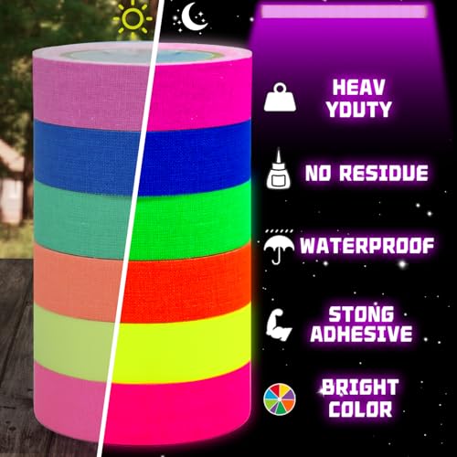 SWRT Neon Gaffer Cloth UV Blacklight Tape for Halloween Decor, 6 Rolls Multi-Color UV Fluorescent Glow in The Dark Tape for Party Decoration, Dance Floors, UV Party (0.6 inch x 16.5 feet) - Image 3