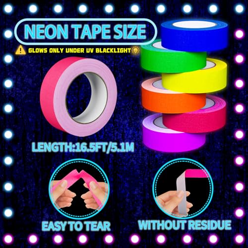 SWRT Neon Gaffer Cloth UV Blacklight Tape for Halloween Decor, 6 Rolls Multi-Color UV Fluorescent Glow in The Dark Tape for Party Decoration, Dance Floors, UV Party (0.6 inch x 16.5 feet) - Image 2
