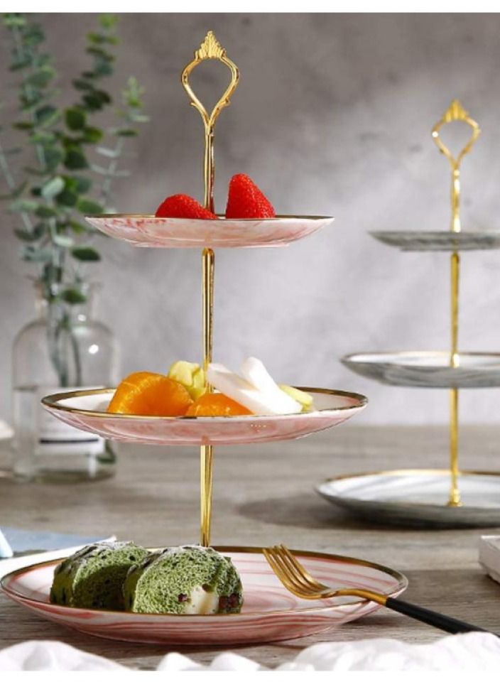 اليسا حامل كب كيك من طبقتين، برج وردي مستدير من الرخام والسيراميك، صينية تقديم طبق علاج مكدسة، طبق تقديم الفاكهة، هدية، حفلة شاي، مطعم، طعام منزلي - Image 5