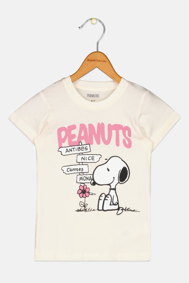 Peanuts Kids Girl Graphic Print Short Sleeve Top, Cream - Image 1