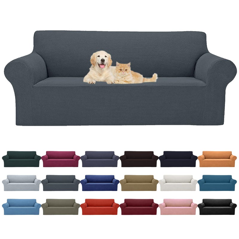 2025 New Stretch Sofa Slipcovers Couch Cover for 3 Cushion Furniture Protector Sofa Covers with Elastic Bottom Jacquard Fabric Small Checks for Pets Kids Sofa Grey