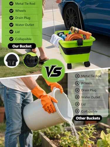 Nicecastle Collapsible Bucket 5.8 Gallon 22L with Wheels Handle Drain Plug Water Outlet and 2 Universal Connectors for Portable Pressure Washer Cordless Car Washing Camping RV Pet Bath Multi-Use - Image 3