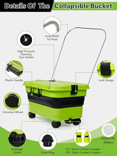 Nicecastle Collapsible Bucket 5.8 Gallon 22L with Wheels Handle Drain Plug Water Outlet and 2 Universal Connectors for Portable Pressure Washer Cordless Car Washing Camping RV Pet Bath Multi-Use - Image 4