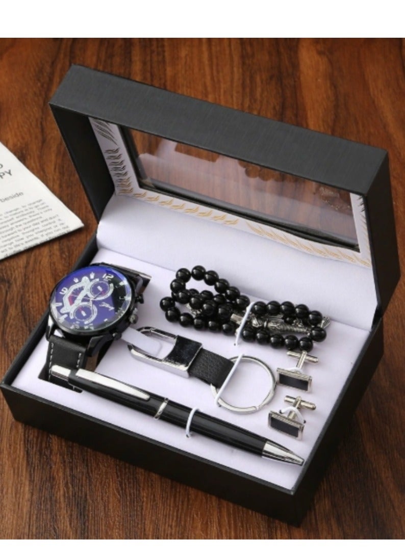 عام لمسة أناقة متكاملة: ساعة فاخرة، أزرار أكمام أنيقة، مسبحة راقية وقلم فاخر - هدية لا تُنسى لكل رجل مميز!