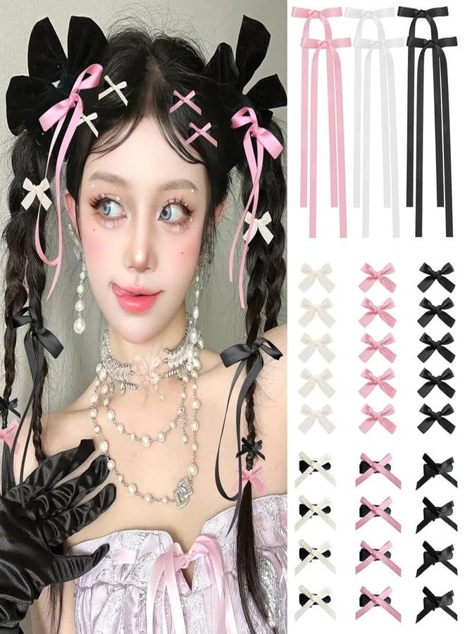 Cerun 18 Pcs Luxury Mini Hair Bows for Women Girls Cute Hair Clips Small Alligator Long Tail Hair Ribbon Accessories -3 Styles -18P - Black White Pink - Image 1