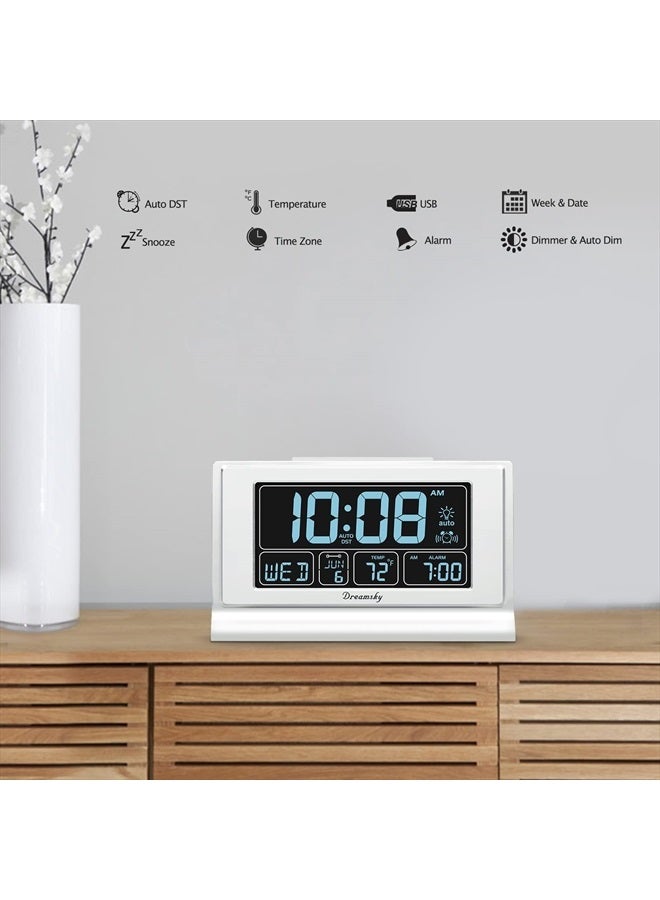 DreamSky Digital Alarm Clock with Battery Backup for Bedroom, Auto Set Clock with USB Charging Ports, 5 Inch Large Display with Date Weekday Temperature, Auto DST, Brightness Dimmer, Snooze, 12/24H - Image 4