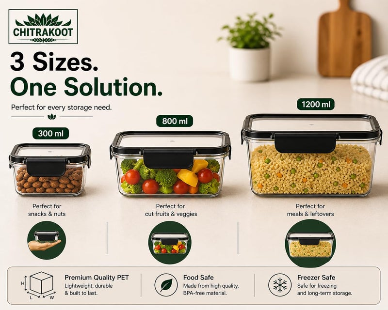 CHITRAKOOT Airtight Food Storage Container Set – 3 Pcs (300ml, 800ml, 1200ml) – BPA-Free, Leak-Proof, Freezer Safe Plastic Boxes with Lids – Kitchen & Pantry Organizer – Black - Image 3