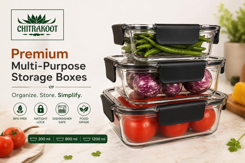 CHITRAKOOT Airtight Food Storage Container Set – 3 Pcs (300ml, 800ml, 1200ml) – BPA-Free, Leak-Proof, Freezer Safe Plastic Boxes with Lids – Kitchen & Pantry Organizer – Black - Image 2