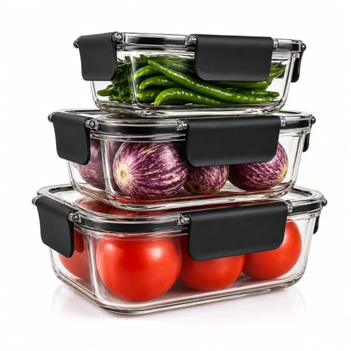 CHITRAKOOT Airtight Food Storage Container Set – 3 Pcs (300ml, 800ml, 1200ml) – BPA-Free, Leak-Proof, Freezer Safe Plastic Boxes with Lids – Kitchen & Pantry Organizer – Black - Image 1