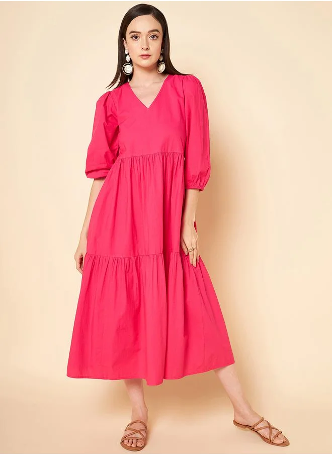 HIGH STAR V Neck Cotton Tiered Midi Dress