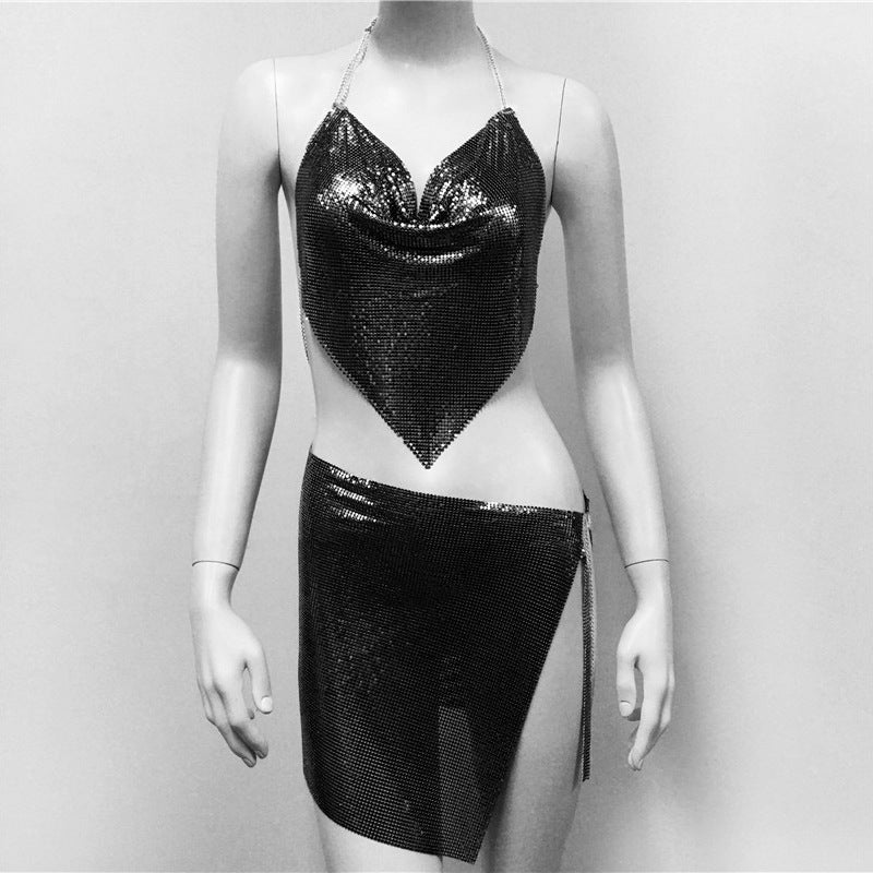 Summer and Women''s suit Metal Sequin Sling Skirt Spice Girls Night Shop Sexy Vest Skirt Women - Image 1