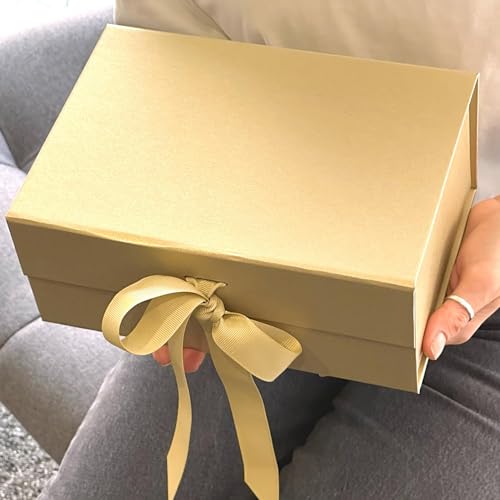 Aakriti Gift Box | Folding Gift Boxes with Ribbon | Set of 3 (23x16x10 cm) | Diwali Rakhi Birthday Hamper Packaging Gift Favors Reusable Storage Box | Gold - Image 4