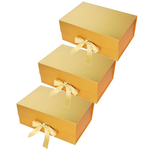 Aakriti Gift Box | Folding Gift Boxes with Ribbon | Set of 3 (23x16x10 cm) | Diwali Rakhi Birthday Hamper Packaging Gift Favors Reusable Storage Box | Gold - Image 1