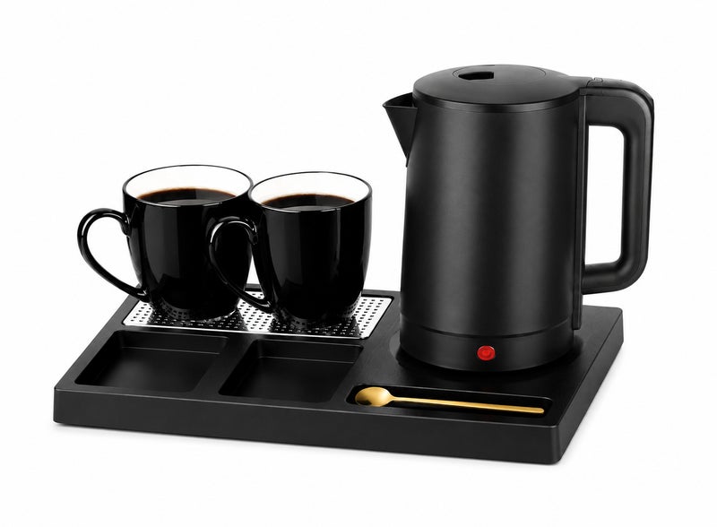 2.0L Hotel Beverage Kettle Set with 2 Ceramic Cups, Serving Tray, Fast Boiling, Dry Boil Protection and Auto Shut Off for Hotel Rooms Office Pantry Guest Rooms and Home Use