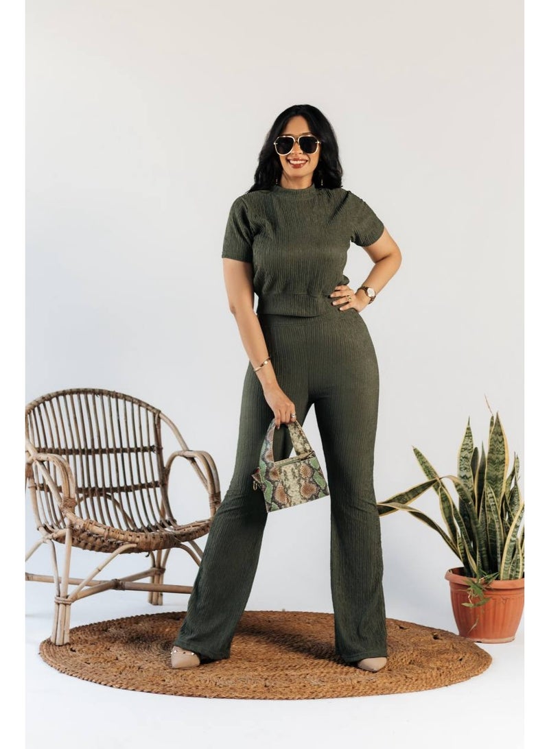 نونا فاشون طقم قطعتين للنساء تيشيرت قصير كاجوال وبنطال فضفاض بتصميم رياضي متميز خامه كوريشه ليكرا مستورد - Image 2