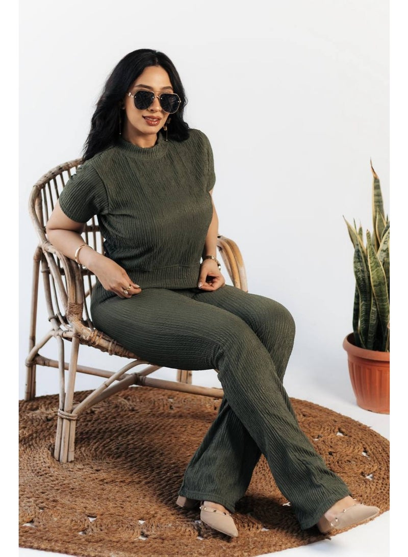 نونا فاشون طقم قطعتين للنساء تيشيرت قصير كاجوال وبنطال فضفاض بتصميم رياضي متميز خامه كوريشه ليكرا مستورد - Image 3