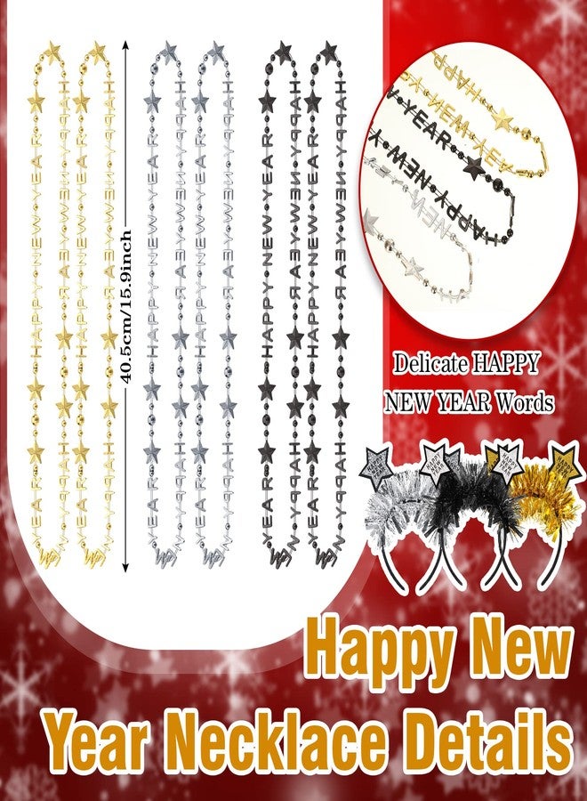 هانايف مجموعة هانايف المكونة من 12 قطعة من مستلزمات حفلات رأس السنة الجديدة 2026، تتضمن قلادات "عام جديد سعيد" وتاجًا مرصعًا بنجوم لامعة، مثالية كهدية في حفلات رأس السنة، وإكسسوارات شعر وزينة للكبار، باللونين الأسود والذهبي. - Image 4