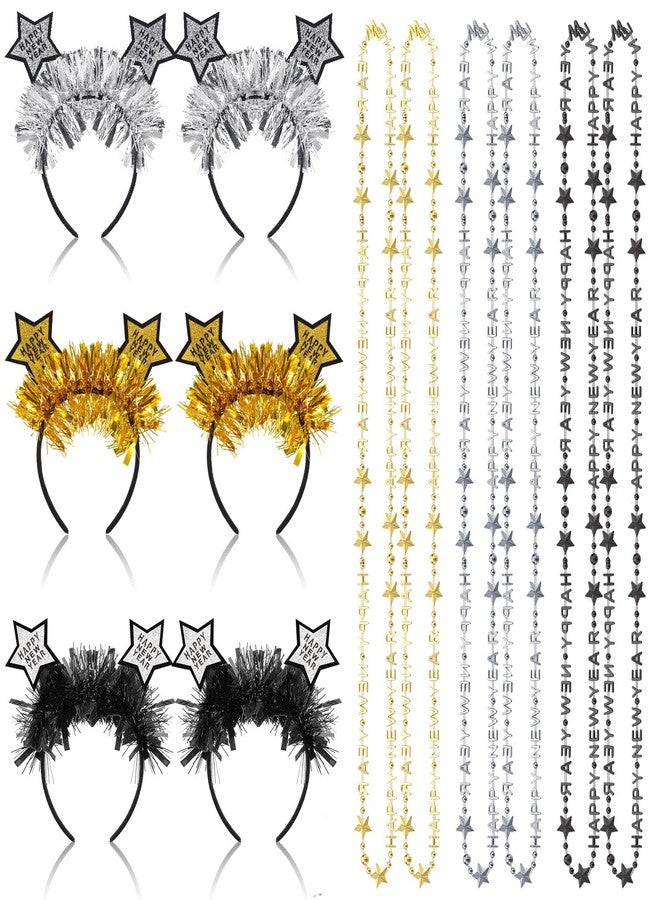هانايف مجموعة هانايف المكونة من 12 قطعة من مستلزمات حفلات رأس السنة الجديدة 2026، تتضمن قلادات "عام جديد سعيد" وتاجًا مرصعًا بنجوم لامعة، مثالية كهدية في حفلات رأس السنة، وإكسسوارات شعر وزينة للكبار، باللونين الأسود والذهبي. - Image 1
