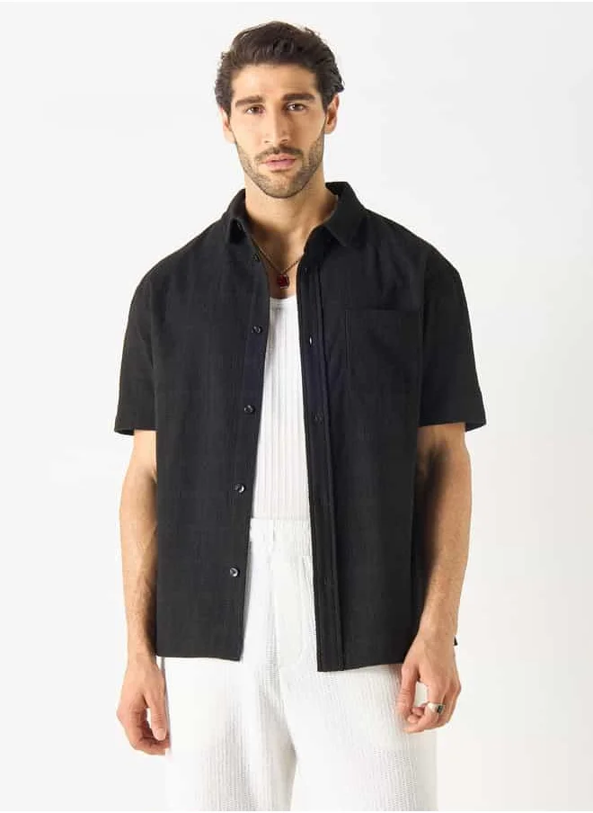 Iconic Iconic Regular Fit Textured Shirt with Chest Pocket