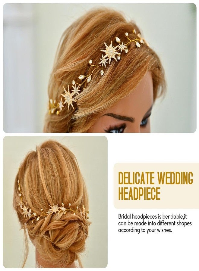 Unicra Star Rhinestone Bride Wedding Vine Gold Bridal Hair Piece Crystal Hair Accessory for Women and Girls (21 Inches) (Gold) - Image 3