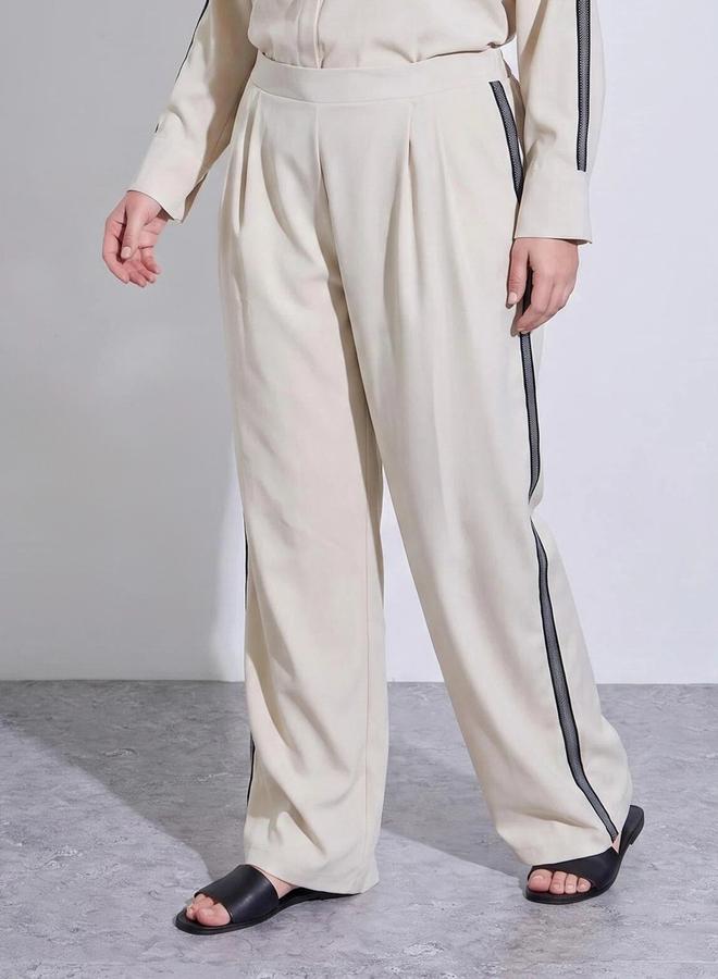 Styli Plus Size Off White Wide Leg Trousers with Side Stripe Detail - Image 1