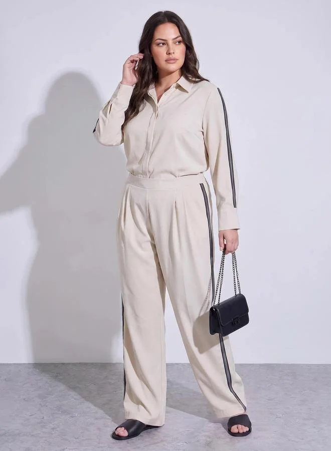 Styli Plus Size Off White Wide Leg Trousers with Side Stripe Detail