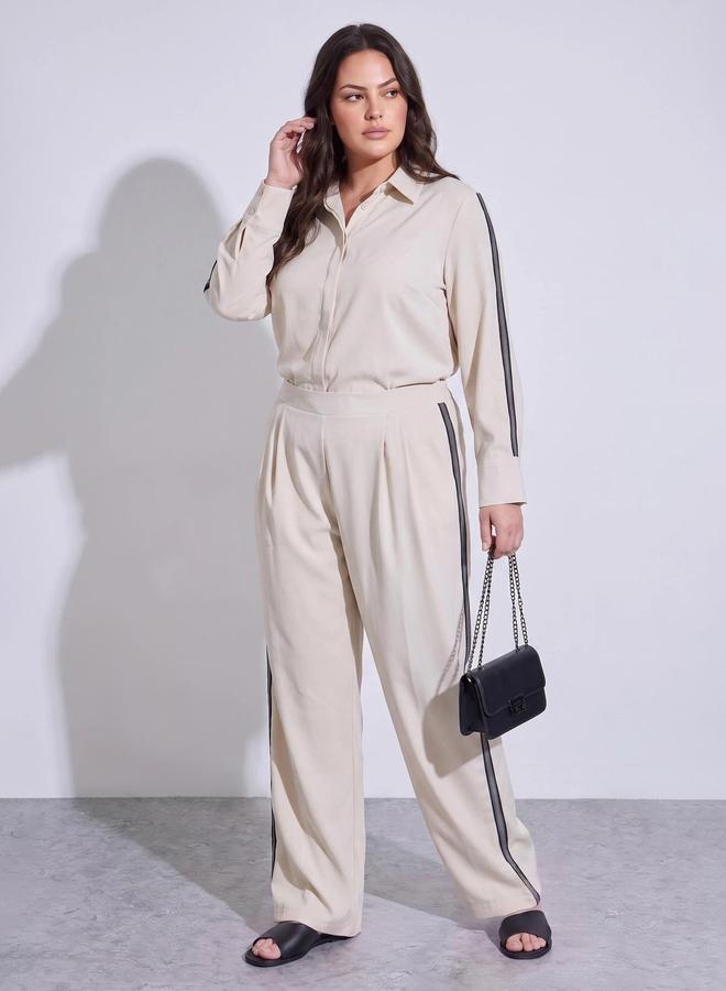 Styli Plus Size Off White Wide Leg Trousers with Side Stripe Detail - Image 2