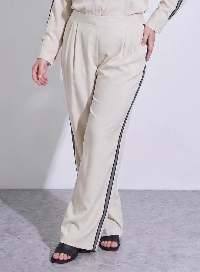 Styli Plus Size Off White Wide Leg Trousers with Side Stripe Detail - Image 3