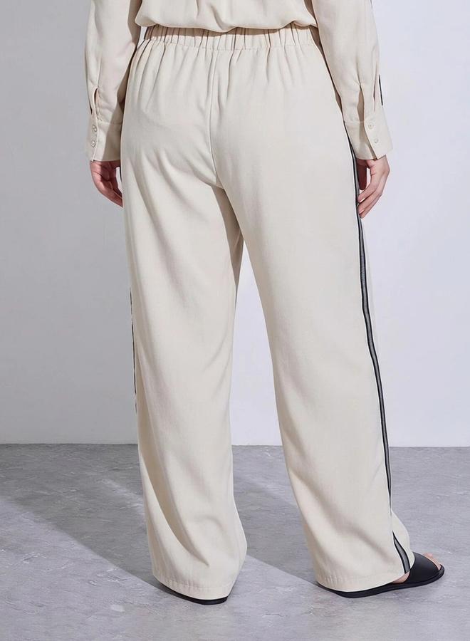 Styli Plus Size Off White Wide Leg Trousers with Side Stripe Detail - Image 5