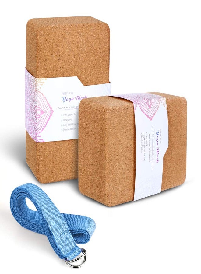 ARLTB Cork Yoga Blocks 2 Pack with Yoga Strap Set 9"x6"x4" - Image 1