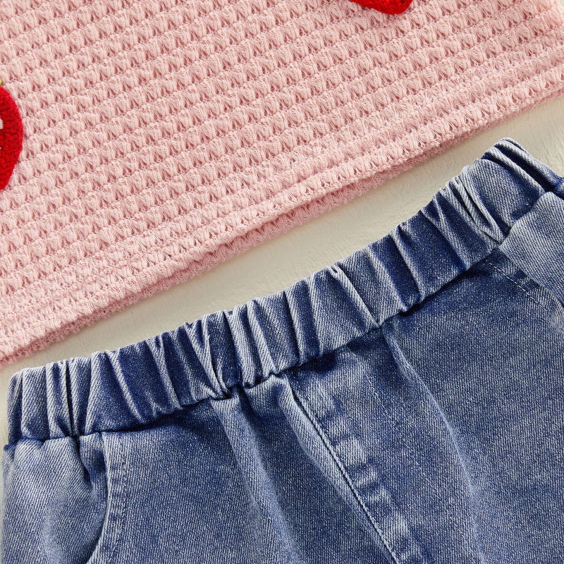 YINGISFITM Toddler Girl Clothes Baby Summer Waffle Knit Tank Top Sleeveless Shirt Jeans Shorts Floral Outfit Girls Clothing (Cream strawberry, 6-12 Months) - Image 4