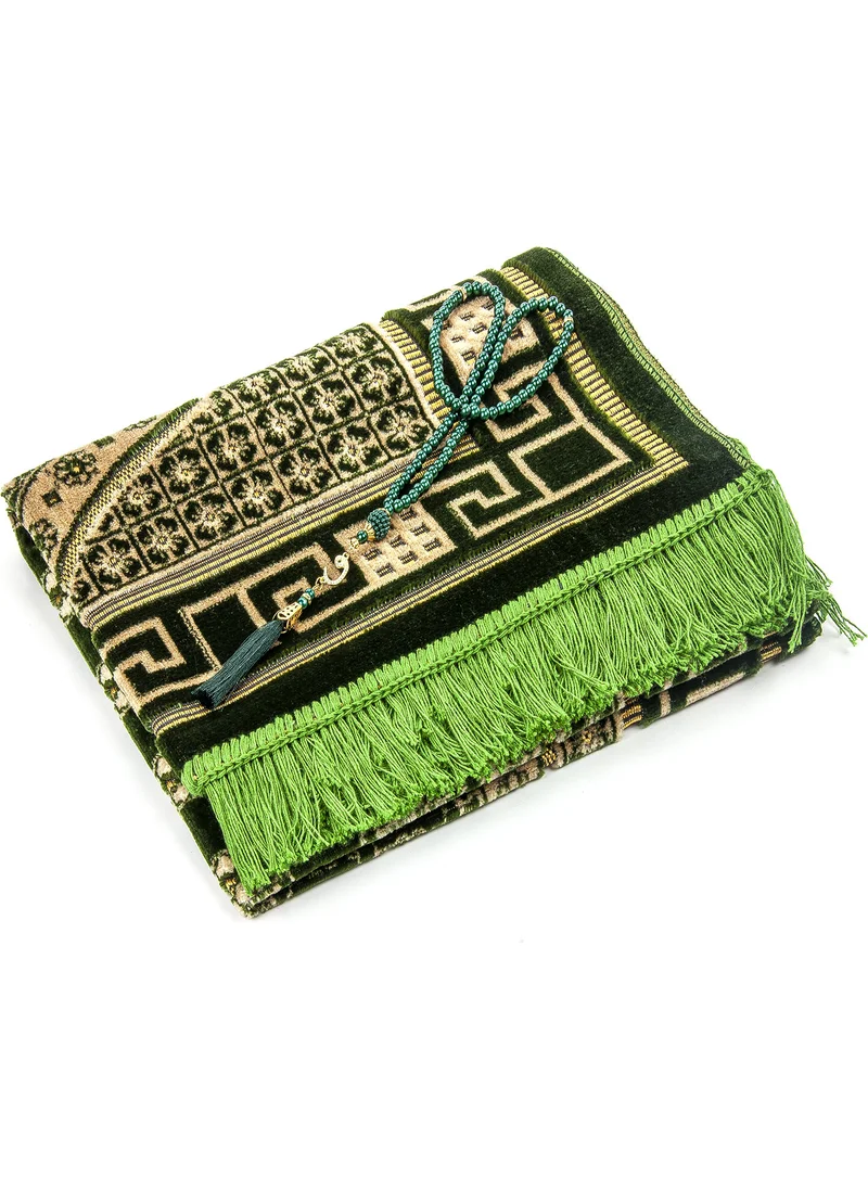 İhvan Luxury Velvet Şinginger Prayer Mat Prayer Beads Gift Light Green