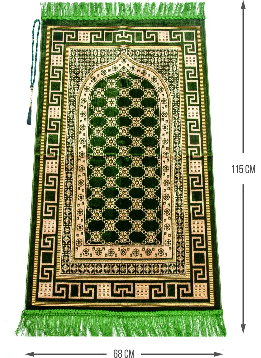 İhvan Luxury Velvet Şinginger Prayer Mat Prayer Beads Gift Light Green