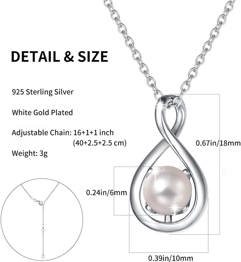 FANCIME White Pearl Necklace June Birthstone Necklace for Women, 925 Sterling Silver Dainty Infinity Pendant Fine Jewelry Birthday Christmas Gifts for Women Her Mom Daughter, 16+2 Inch - Image 5