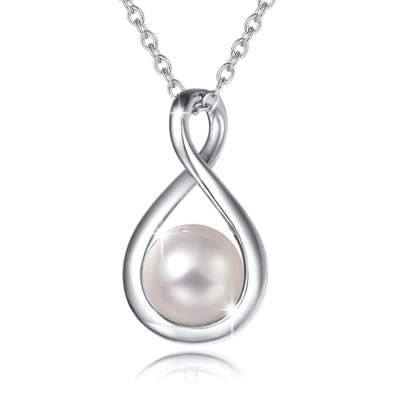 FANCIME White Pearl Necklace June Birthstone Necklace for Women, 925 Sterling Silver Dainty Infinity Pendant Fine Jewelry Birthday Christmas Gifts for Women Her Mom Daughter, 16+2 Inch - Image 1