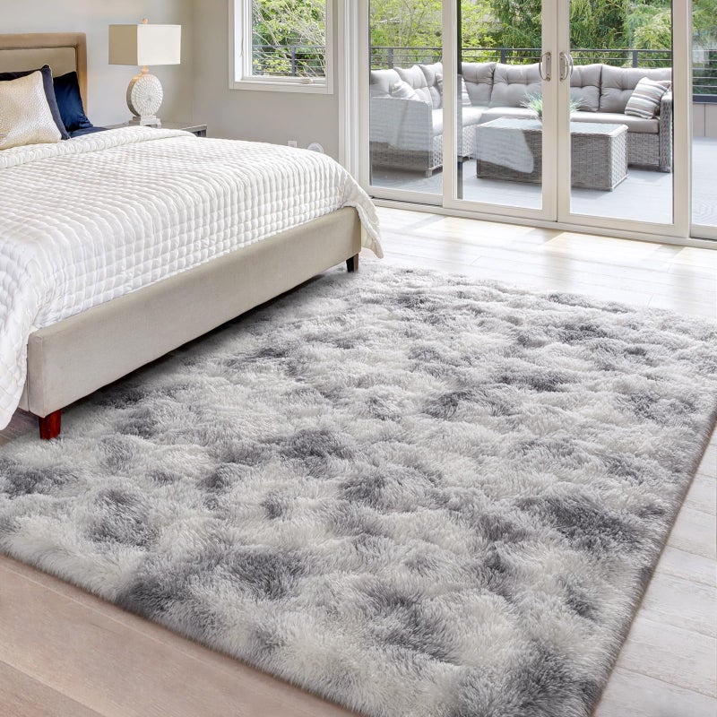 Hutha 6x9 Large Area Rugs for Living Room, Super Soft Fluffy Modern Bedroom Rug, Tie-Dyed Grey White Indoor Shag Fuzzy Carpets for Girls Kids Nursery Room Home Decor - Image 2