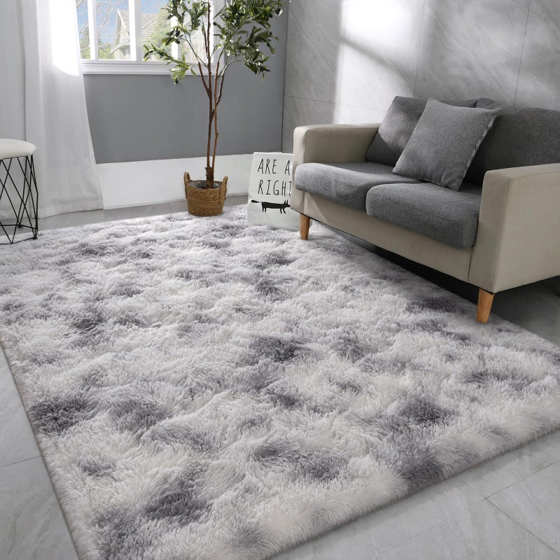 Hutha 6x9 Large Area Rugs for Living Room, Super Soft Fluffy Modern Bedroom Rug, Tie-Dyed Grey White Indoor Shag Fuzzy Carpets for Girls Kids Nursery Room Home Decor - Image 1