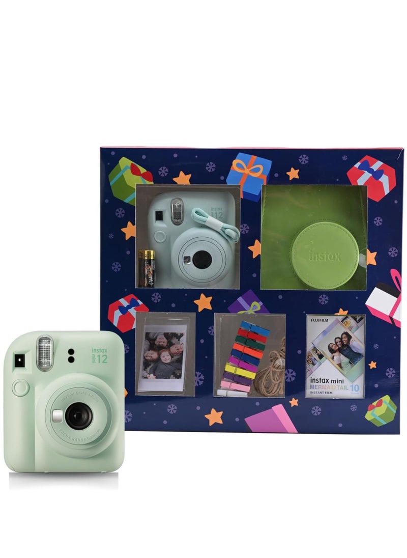 Instax - Mini 12  Christmas Gift Box  – Green Instant Mini 12 Camera with Green Case, Rainbow Mini Film, Photo Frame, Pegs and Batteries – Perfect Christmas Gift for Kids, Teens, and Adults - Image 1