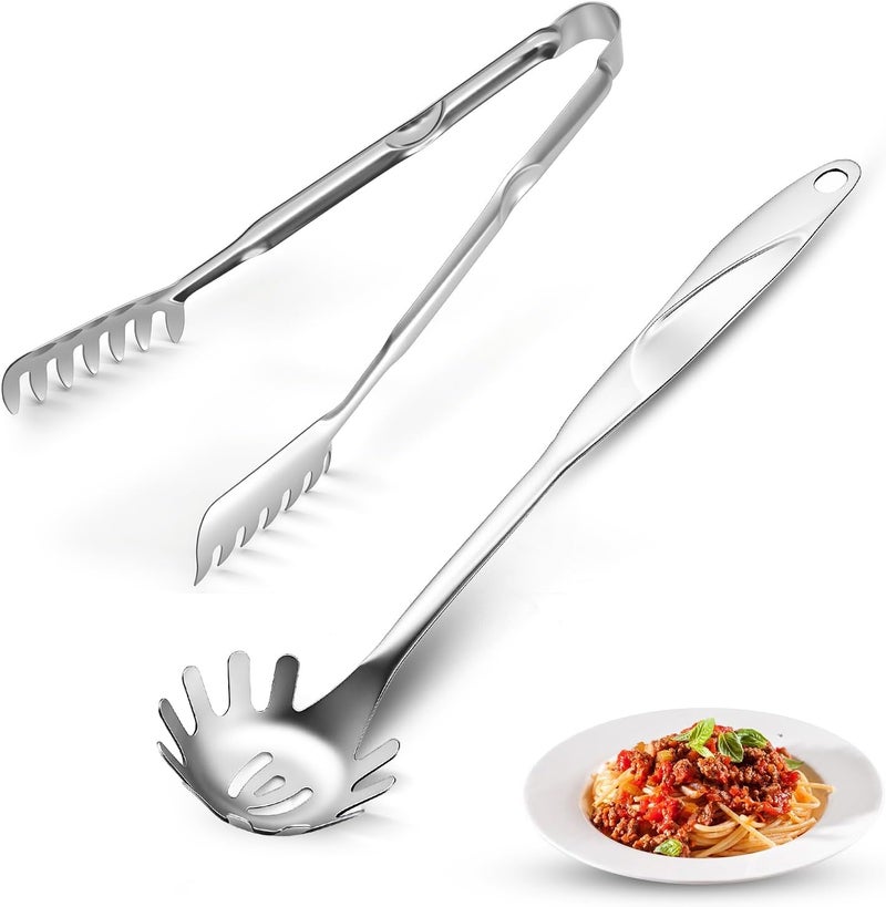 Nryul Spaghetti Spoon and Pasta Tong with Grip Teeth and Drain Holes, 2-Piece Large Spaghetti Utensil, Comfortable Grip Design for Cooking, Serving, Salad and Noodles, Stainless Steel - Image 1