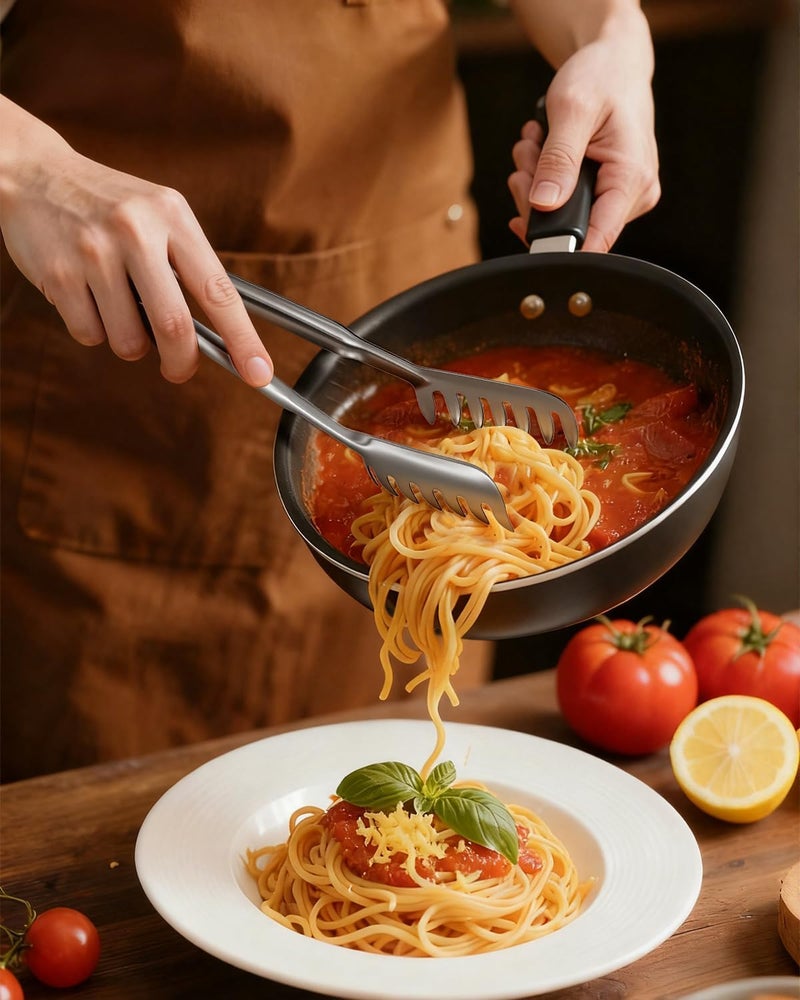 Nryul Spaghetti Spoon and Pasta Tong with Grip Teeth and Drain Holes, 2-Piece Large Spaghetti Utensil, Comfortable Grip Design for Cooking, Serving, Salad and Noodles, Stainless Steel - Image 4